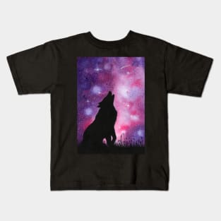 Howling Wolf Galaxy Night Sky Watercolor Kids T-Shirt